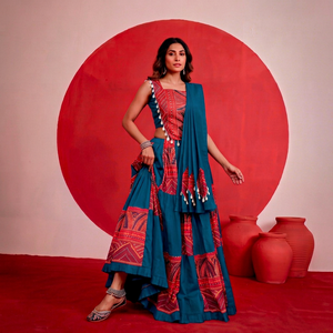 Traditional Indian Pure Rayon <b>Lehenga</b> Set Digital Print <b>Red</b> Blue Design Floor-Length Loose Fit Quick Dry Women's Wedding Wear - Product Image 1