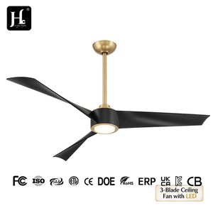 Ventilateur de plafond moderne à 3 pales avec moteur DC et LED, télécommande, structure en fer, pales de 42/52 pouces, montage sur tige, finition noir et or, avec éclairage - Product Image 1