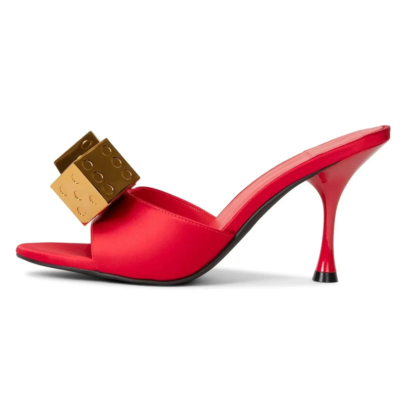 Kadınlar seksi saten kumaş topuk sandal zar toka yuvarlak ayak stiletto topuk kadın sandalet üzerinde kayma