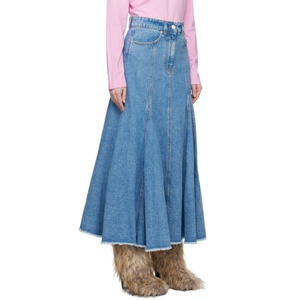 Hot Sell Pleated Raw Edge at Flared Hem Non-stretch Cotton & Hemp-blend Denim Long Skirts Women Sexy - Product Image 2