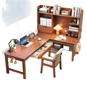 Solid Wood <b>Corner</b> Desk With Bookshelf 140x120x130cm For Home Study Bedroom Student Writing Desk - Product Image 4