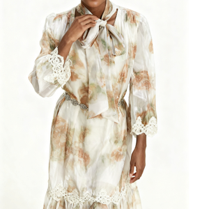 Vestidos de Mujer con Escote de Lazo, Mangas Farol Ajustables, Paneles de Encaje y Chifón Brillante a la Moda - Product Image 2