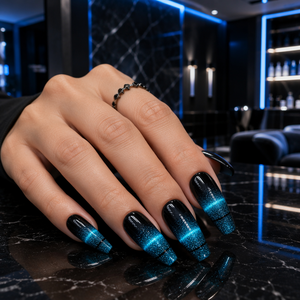 Faux ongles à presser en PMMA à paillettes bleues, certifiés CE, forme cercueil, couvrance totale, pré-dessinés, longs, pour usage professionnel en salon, 100 pièces - Product Image 6