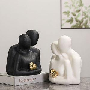 Mini sculpture de couple en céramique Art Déco moderne, amoureux s'embrassant, noir et blanc, pour décoration de meuble TV, maison, chambre, fête, logo personnalisé - Product Image 3