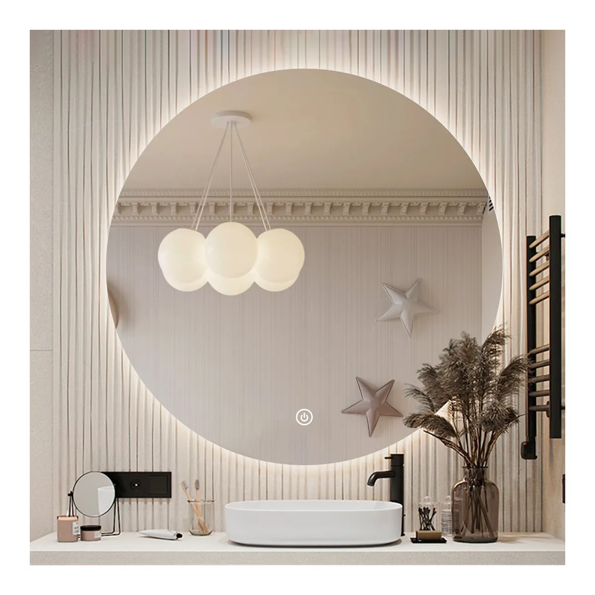 사용자 정의 라운드 벽 거울 실버 현대 목욕 Led 빛 스마트 욕실 화장대 거울