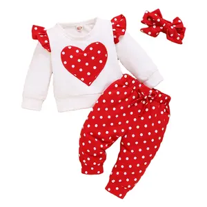 0-2 T 3pcs cotton clothing set spring baby girls love print Blouses with bow headband infant kids valentines outfit