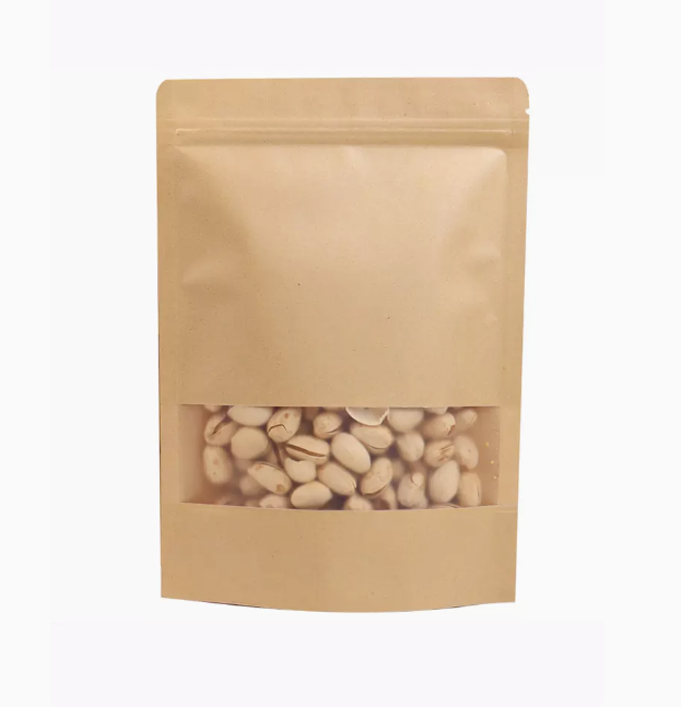Factory Wholesale With Transparent windows Moisture-proof Zippers Brown Kraft Paper Plastic Vertical Nut Packaging Bags