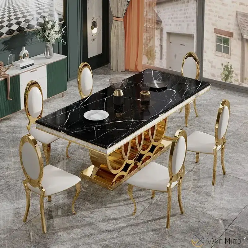 Moderne Luxus 6-Sitzer Esstisch Set Wohnzimmer Esszimmer Möbel Tisch Gold Marmorplatte Esstisch
