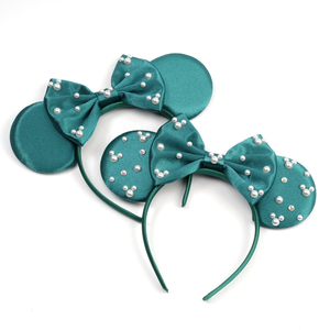 Aksesoris Rambut Taman Hiburan Baru 2025, Satin dengan Mutiara Rhinestone, Pita Dua Lapis, Headband Telinga Tikus untuk Wanita - Product Image 1