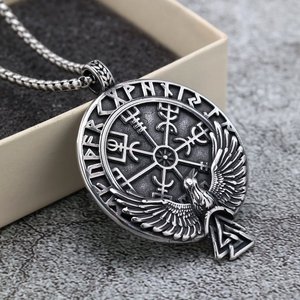 Vintage Stainless Steel Viking Rune <b>Compass</b> Pendant With Raven Wings Themed Unisex Necklace Gift For Fashion Jewelry - Product Image 2