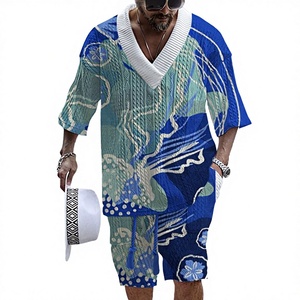 Conjunto de Dos Piezas de Verano para Hombre, Estilo Vintage, Cuello en V, Camiseta de Manga Corta y Pantalones Cortos de Poliéster/Algodón Tejido, Transpirable, Informal, Azul - Product Image 3