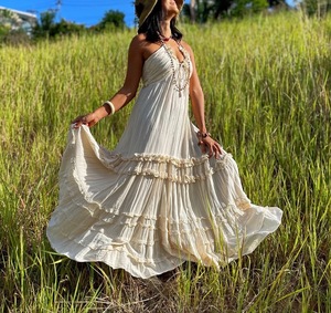 <span class=keywords><strong>Abito</strong></span> Boho per Servizio Fotografico, Vestito Lungo in Cotone <span class=keywords><strong>Bianco</strong></span> <span class=keywords><strong>Sexy</strong></span> con Schiena Scoperta e Allacciatura al Collo per Vacanze - Product Image 6