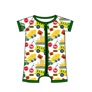 SR4180 Custom Infant baby kids wholesale Yellow excavator <b>print</b> romper short sleeve jumpsuit child boy romper - Product Image 6