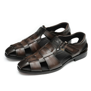 Sandales d'été en cuir véritable pour hommes, sandales en cuir de vache pleine fleur avec boucle, respirantes, à bout rond - Product Image 5