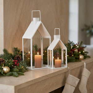 Latest Matte White House Shape Metal Candle Lanterns for Christmas Home Decoration - Product Image 1