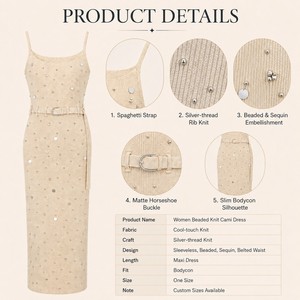 <span class=keywords><strong>Vestido</strong></span> Largo de Verano para Mujer, con Lentejuelas y Cuentas, Tirantes Finos, Cinturón en la Cintura, Tejido Metálico, Elegante, para la Noche, OEM ODM - Product Image 4