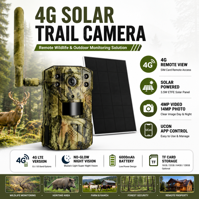 2K Support Solar Powered Lithium Battery Outdoor 4G Hunting Camera Infrared Night Vision Wireless Game Hunting Trail Camera