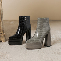 Bottes pour femme en cuir véritable à bout pointu, avec fermeture éclair latérale, hauteur cheville, plateforme épaisse de luxe