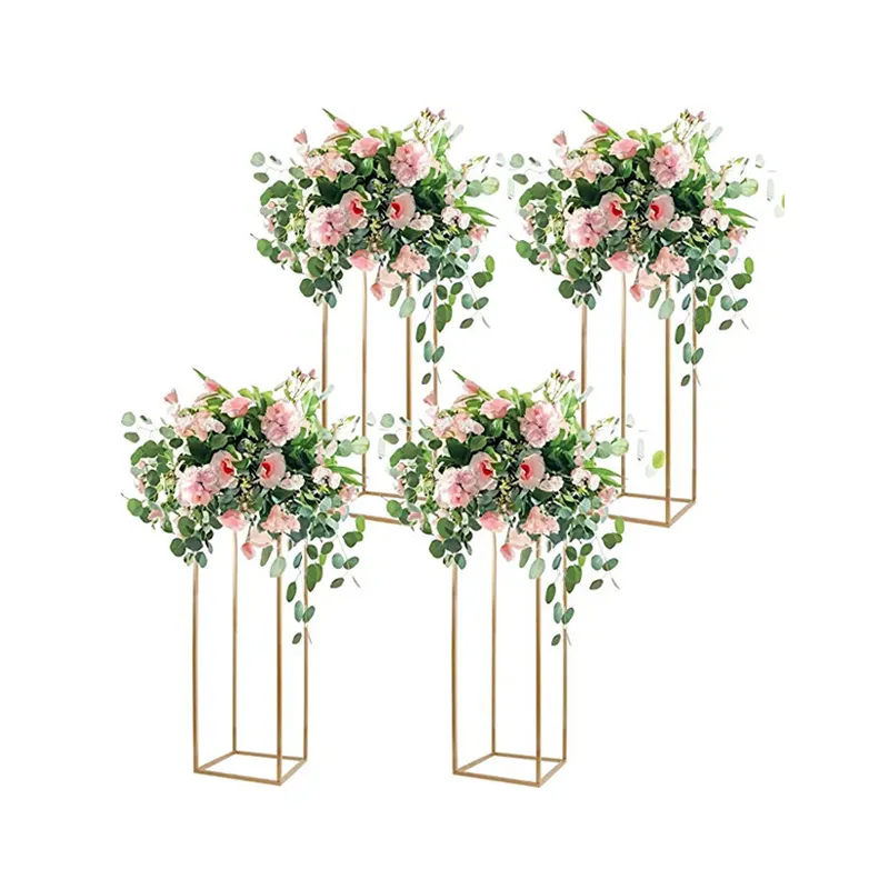 Vase à fleurs en métal colonne d'or support de fleurs pour décorations de mariage, Vase en or support carré en métal porte-fleurs pour fête