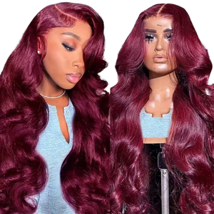 Vente directe usine – Perruque en cheveux humains de haute qualité, style européen et américain, bordeaux, ondulée, avec dentelle frontale 13*4, pour femmes - Product Image 1