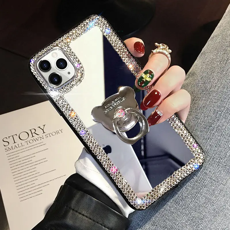 Trending Fancy Ring Stand Anti-fall Mobile Phone Case Glitter Diamond Phone Cover Mirror Case For Iphone 15 14 Pro Max
