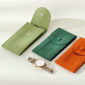 Custom Logo Jewelry Pouch Packaging Green Microfiber Snap Button <b>Gift</b> Bag Watch Pouch - Product Image 6