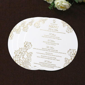 Undangan Pernikahan Bentuk Bulat Kustom dengan Kertas Menu Berlapis Emas untuk Tamu - Product Image 6