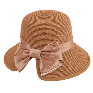 Hot Sale Pearl Decoration Bowknot Summer Woman Big Beach Straw Hats