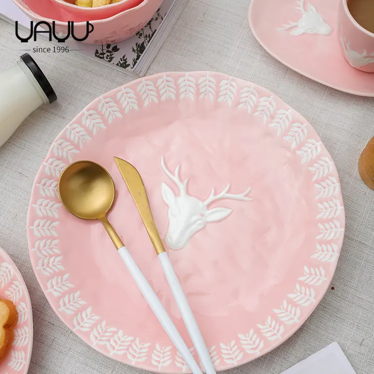 Хорошее качество, специальный дизайн, привлекательные круглые розовые рождественские тарелки, десертная керамическая тарелка