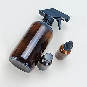 Stocked 500ml/16oz Transparent amber Boston round Glass <b>Mist</b> Spray <b>Bottle</b> Empty & Refillable with Trigger Pump Sprayer - Product Image 1