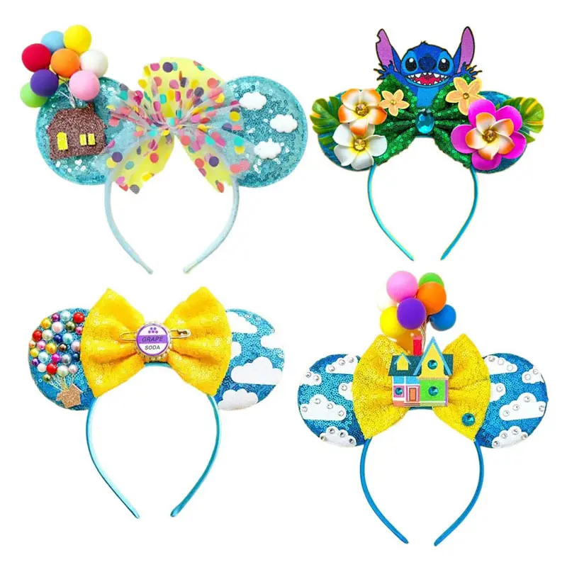 Mouse UP Ears Hair Accessories for Women Flying House Balloon Travel Sequins Hairbands Girl Headband Kids Bow eadwear