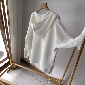 Pull en maille à manches longues ajouré de couleur unie pour femme, style sweat à capuche, tendance - Product Image 5