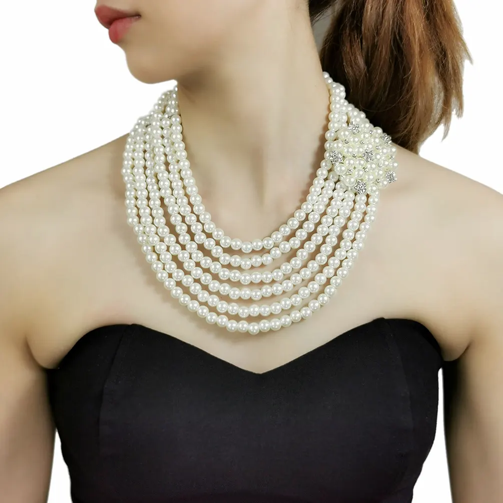 Elegante Aussage Multilayer Collar Choker Perlenkette Strass Blume Handgemachte Lätzchen Halskette Braut Luxus Hochzeits schmuck