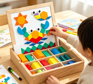Juego de Bloques Magnéticos de Madera <span class=keywords><strong>con</strong></span> Patrones Geométricos, Rompecabezas Creativo de Doble Cara, Pizarra Blanca, Juguete Educativo STEM - Product Image 4