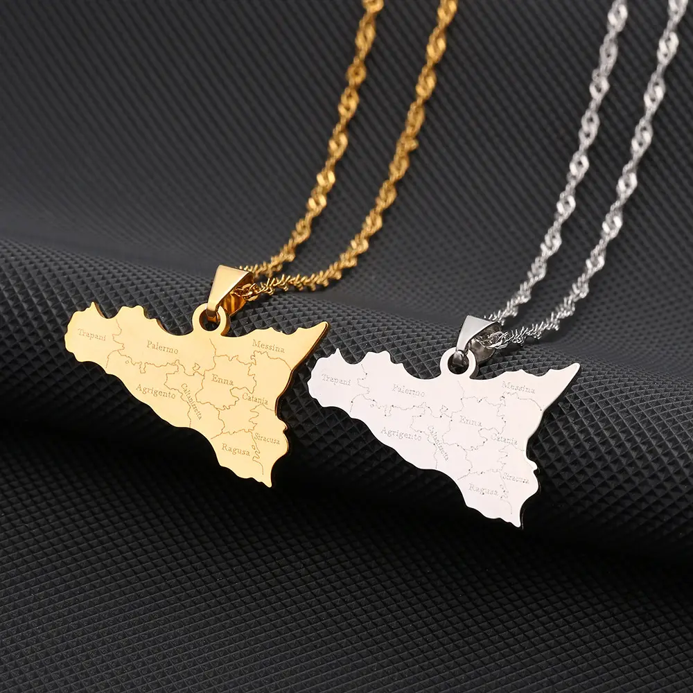 Trending New World Map Necklace Men Women No Fade Stainless Steel Water Wave Chain Italy Sicily Map Pendant Necklace