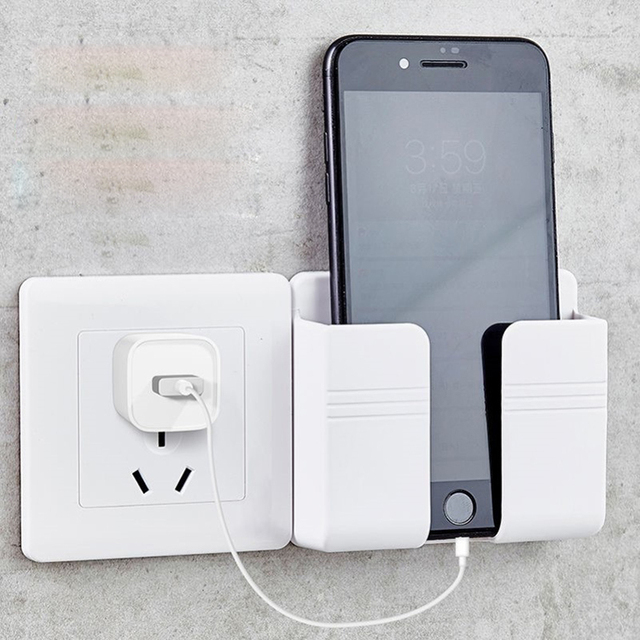 Hotel Single Stable Mount Wall Socket Self Adhesive Phone Bracket Frame Supporter Charging Storage Box for Home Charger Holder