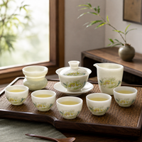 Service à thé en porcelaine Icy Jade avec couvercle, tasses Gaiwan, pichet de distribution, passoire, compatible lave-vaisselle, peint à la main motif pivoine, pour thé Gongfu