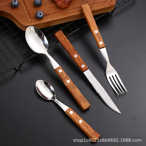 304 Stainless Steel Rosewood Handle <b>Knife</b> Fork Spoon Set 4 Pieces Serrated Edge Polished Blade For Restaurant Western Cuisine - Product Image 3