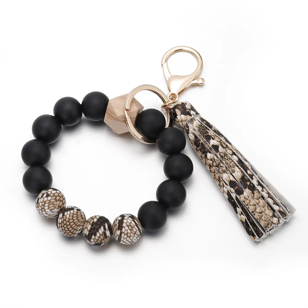 Gioielli di moda cinturino in pelle nappa braccialetto stampa leopardo lettera amore portachiavi titolare braccialetto di perline di legno in Silicone per le donne