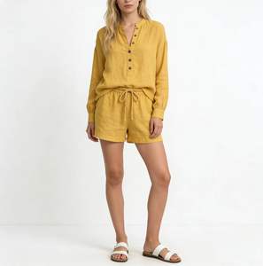 ALBBIA016 Ladies Two-Piece Outfit 100% Pure <b>Linen</b> Casual Solid Above Knee Long Sleeve Blouse & Drawstring Shorts - Product Image 1