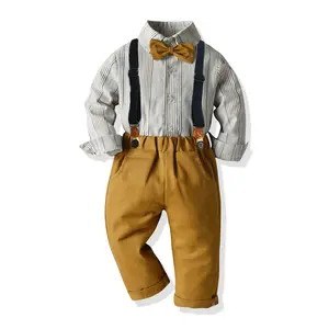 中国批发婴儿长袖衬衫 + 围兜裤 + 领结套装0-24米男童正装KBLS-038