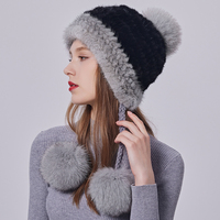 Chapeau tissé en fourrure de vison pour femmes chapeau chaud d'hiver avec pompon en fourrure de renard chapeau de ski de neige