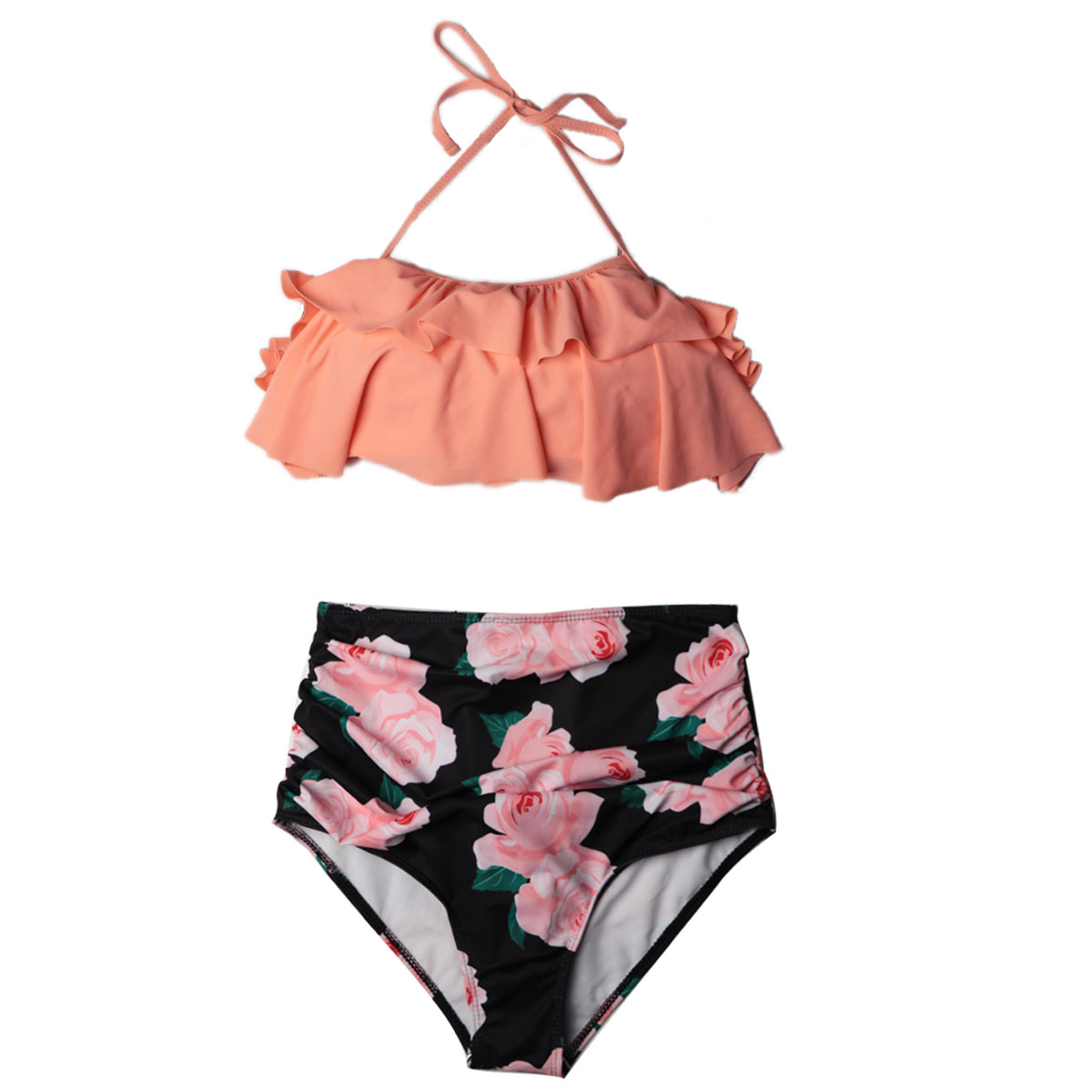 2021 Sexy pink lotus leaf printed high waist bikini hot sale swimsuit