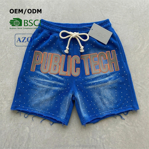 Pantalones cortos de chándal desgastados para hombre, pantalones cortos de algodón lavado con ácido desteñidos al sol, pantalones cortos de diseño con estampado de diamantes de imitación - Product Image 1