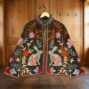 Olive Brown Velvet Embroidered <b>Jacket</b> With Rabbit Floral Design <b>Mandarin</b> <b>Collar</b> Zipper Closure Long Sleeve Autumn Outerwear - Product Image 3