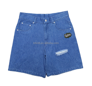 Shorts cargo en jean vintage surdimensionnés pour hommes, taille mi-haute, respirants, avec strass personnalisés, effet délavé, pour l'été - Product Image 4