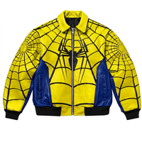 Chaqueta Bomber de PU Amarilla con Diseño de Telaraña para Hombre, Cierre de Cremallera, Cuello Camisero, Estilo Casual de Otoño, Estampado con Personajes