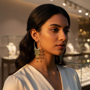 Women's Minimalist Style Chandelier <b>Earrings</b> with Green Crystal Tassel <b>Dangle</b> Design <b>Silver</b> for Wedding & Everyday Wear - Product Image 2