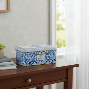 1.6L Azulejo-Inspired Blue & White Decorative Pattern 115x190x80 mm <b>Rectangular</b> Metal <b>Storage</b> Box Elegant <b>Baskets</b> for <b>Storage</b> - Product Image 3
