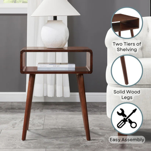 Table d'appoint avec étagère ouverte, fabrication ISO9001, vente en gros, style mi-siècle, profil incurvé, pieds en bois massif - Product Image 3